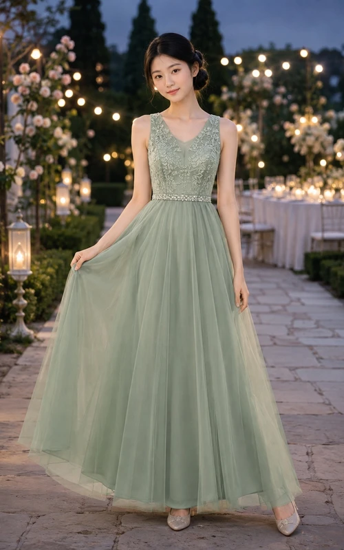 Celadonfarbenes Brautjungfernkleid für junge Mädchen, A-Linie, Rundhalsausschnitt, ärmellos, elegant, aus Tüll