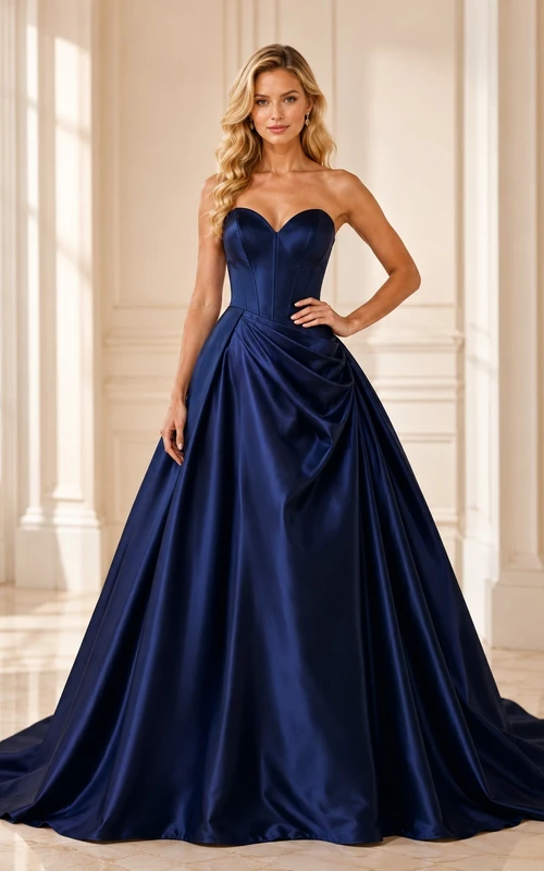 Navy Satin Strapless Sweetheart Ball Gown Sweep Train Formal Prom Dress