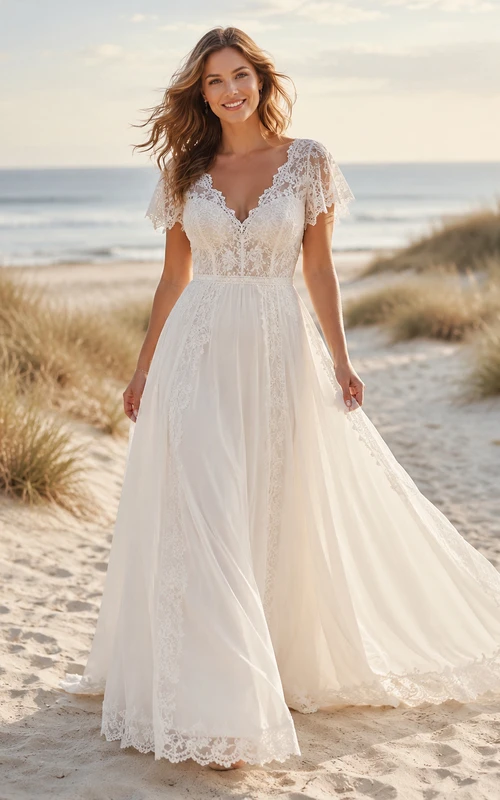 Boho Beach A Line Deep V Cap Lace Sleeve Sweep Train Wedding Dress