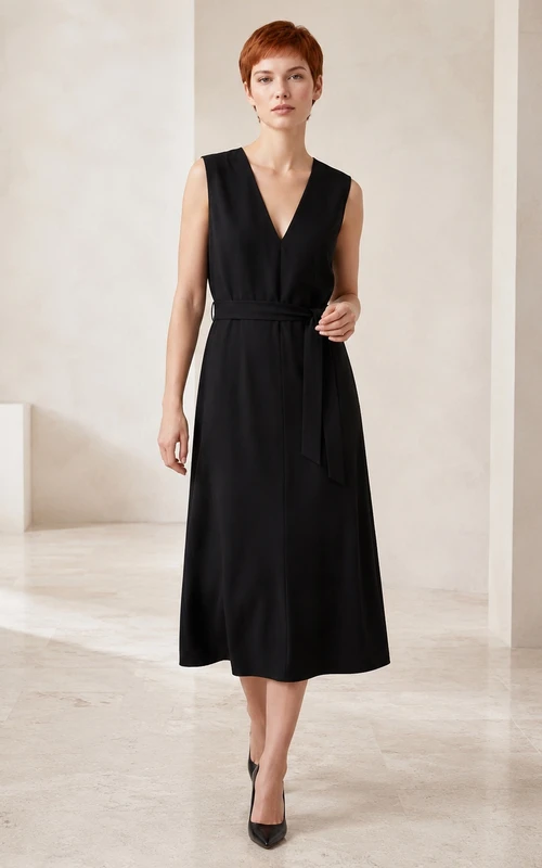 Black Jersey V-neck Sleeveless A-Line Tea-length Classic Simple Modern Elegant Court Dress