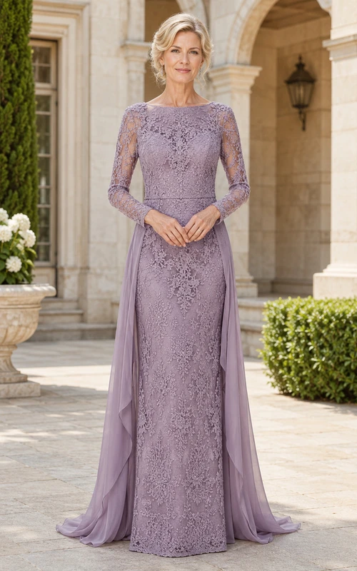 Lavender Lace Sheath Mother Dress With Long Illusion Sleeves And Side Panels