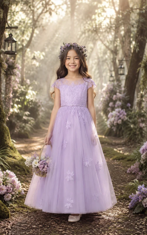 A-line Floor Length Cap Sleeve Tulle Lace Flower Girl Dress with Lavender tulle with dainty floral appliques