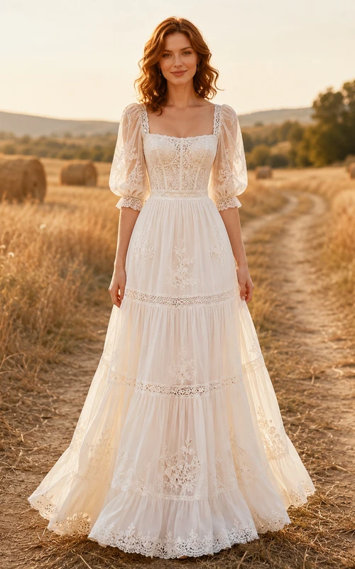 Robe de mariée champêtre en dentelle, coupe trapèze, col carré, manches courtes et traîne.
