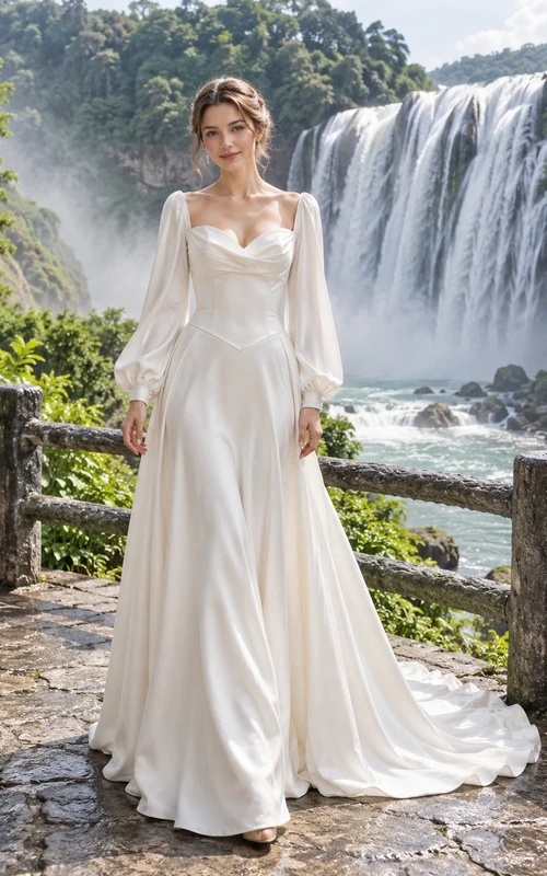 Vestido de novia sencillo de satén de corte A con escote corazón y manga larga.