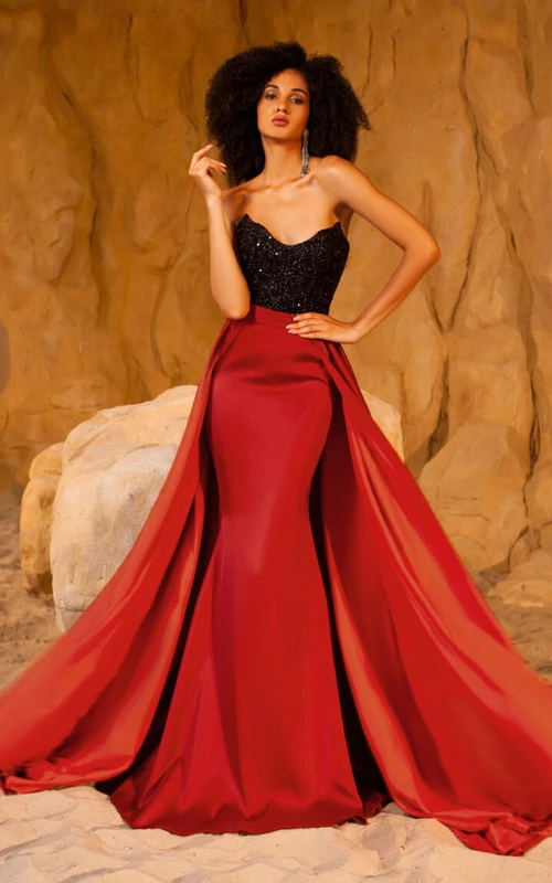 Robe de bal fourreau bicolore noire et rouge sexy avec traîne amovible