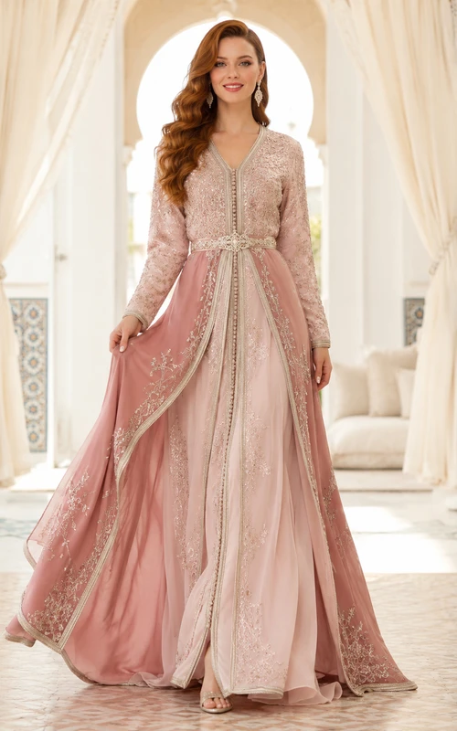 Robe de mariée marocaine de luxe Takchita, coupe trapèze, manches longues, broderie argentée