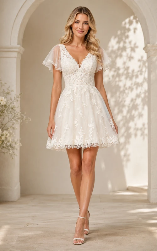 Romantic Short V-Neck Flutter Sleeve Lace A-Line Garden Bohemian Wedding Dress