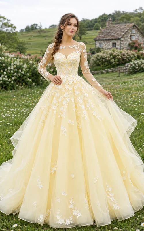 Yellow Long Sleeve Floral Ball Gown Cottage Bridal Dress