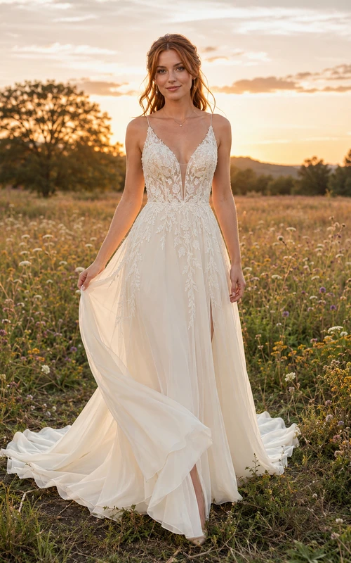 Vestido de novia de encaje campestre, corte en A, tirantes finos, cola larga y abertura en la espalda con escote en V.