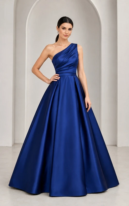 Satin One Shoulder Sleeveless Royal Blue Ball Gown Luxury Dress