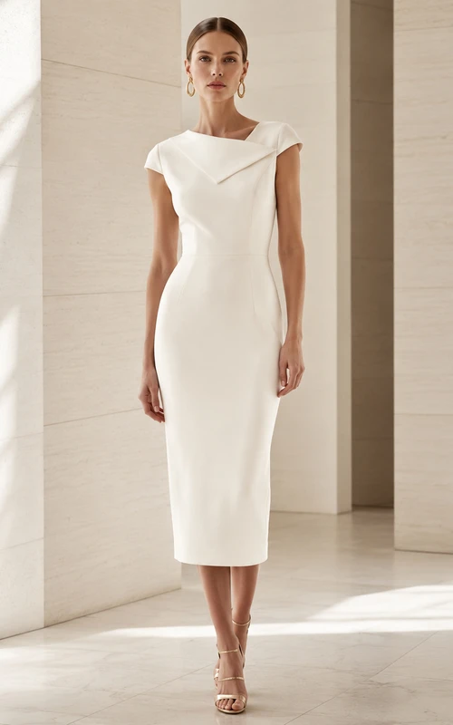 Simple Bateau Neck Cap Sleeve Sheath Tea Length Wedding Dress