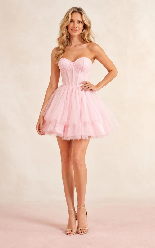 Pastellrosa Tüll-Skaterkleid für den Homecoming-Ball mit Korsett-Oberteil und sanft ausgestelltem Rock