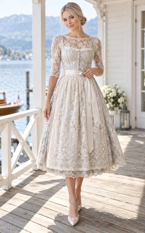 Robe de mariée Dirndl champêtre modeste, longueur thé, col bijou et manches en dentelle