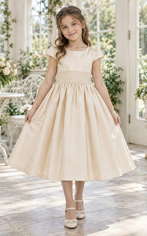 Robe de demoiselle d'honneur couleur champagne, longueur thé, col rond, manches courtes plates, taille smockée en satin à fines mailles, jupe ample froncée mi-mollet, fermeture boutonnée au dos.