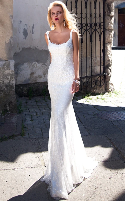 Sheath Floor-Length Appliqued Sleeveless Lace Wedding Dress With Low-V Back And Pleats