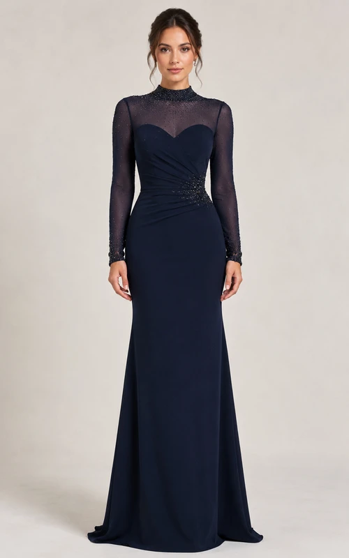 Modest Navy Formal Dress with Long Sleeves Illusion Sheath Evening Gown