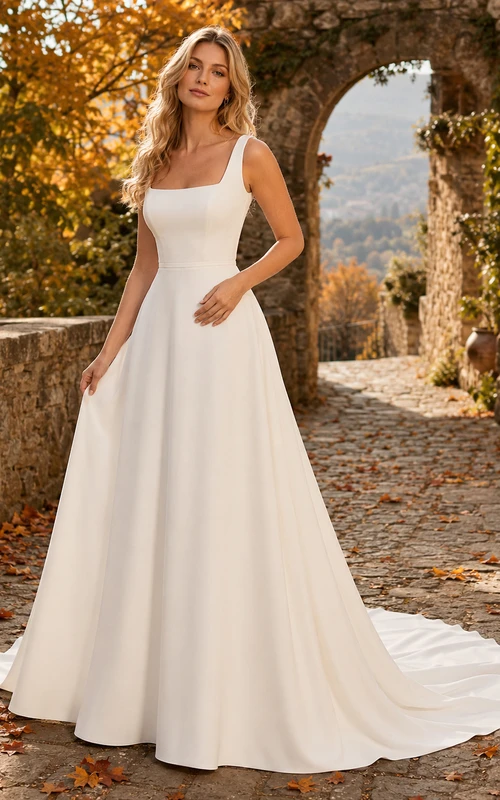 Autumn Countryside Square Neck Straps A-Line Wedding Dress