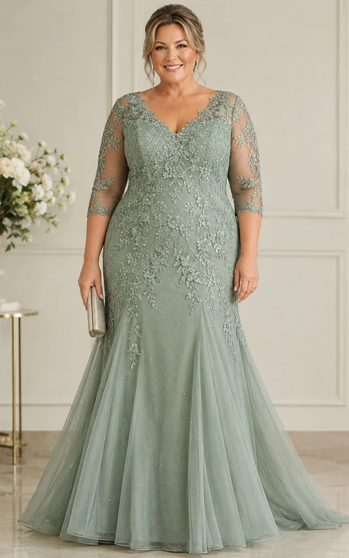 Robe de mère sirène grande taille à col en V et manches 3/4 en dentelle.
