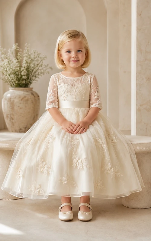 Elegant Jewel Neck Short Sleeve Lace A-Line Bow Flowergirl Midi Dress