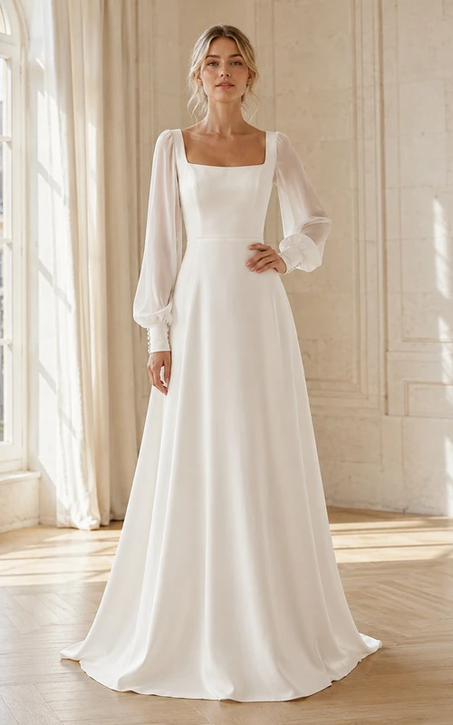 Robe de mariée carrée à manches longues plissées en mousseline, coupe trapèze, traîne simple