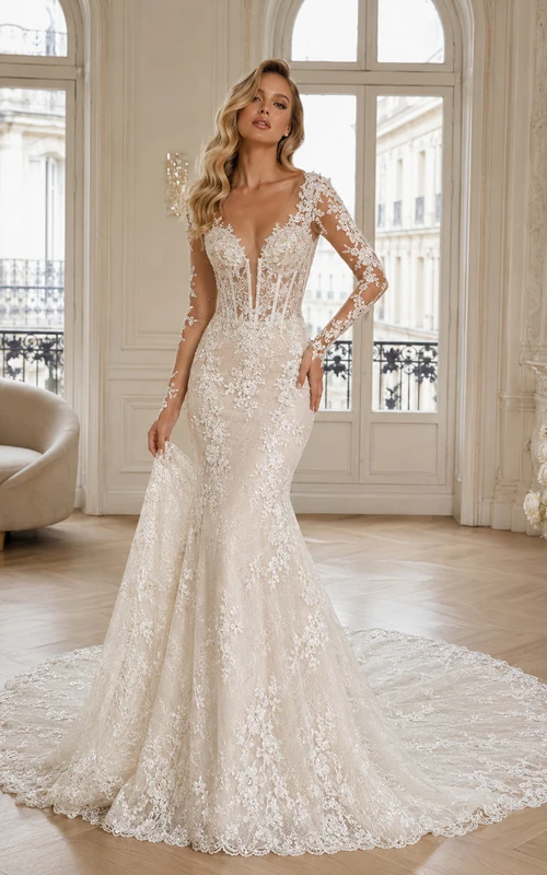 Robe de mariée asymétrique sirène en dentelle à manches longues illusion et décolleté en V plongeant cathédrale
