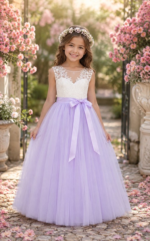 Lavender A-Line Lace Flower Girl Dress with Bow Sash | Dorris Wedding