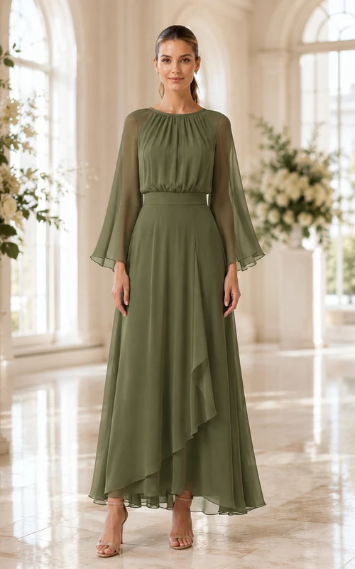 celadon Jewel Neck Bell Sleeve Asymmetrical Chiffon Guest Dress