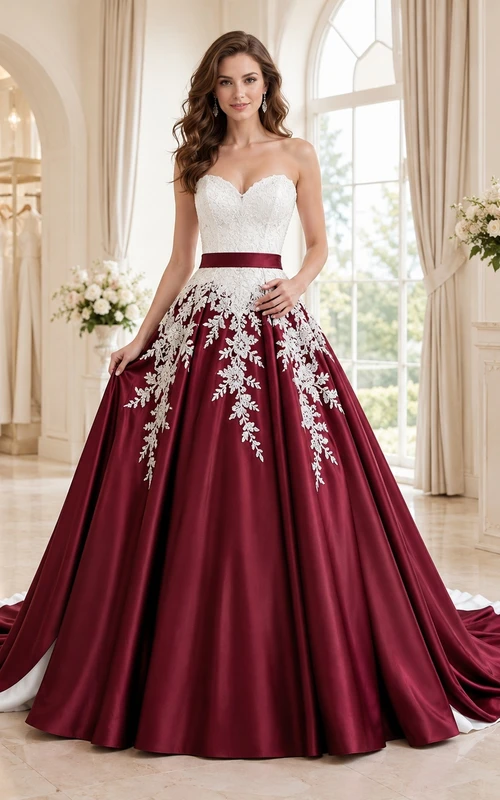 Burgunderrotes, trägerloses, besticktes Satin-Ballkleid mit Herzausschnitt und Schleppe – ein luxuriöses Brautkleid