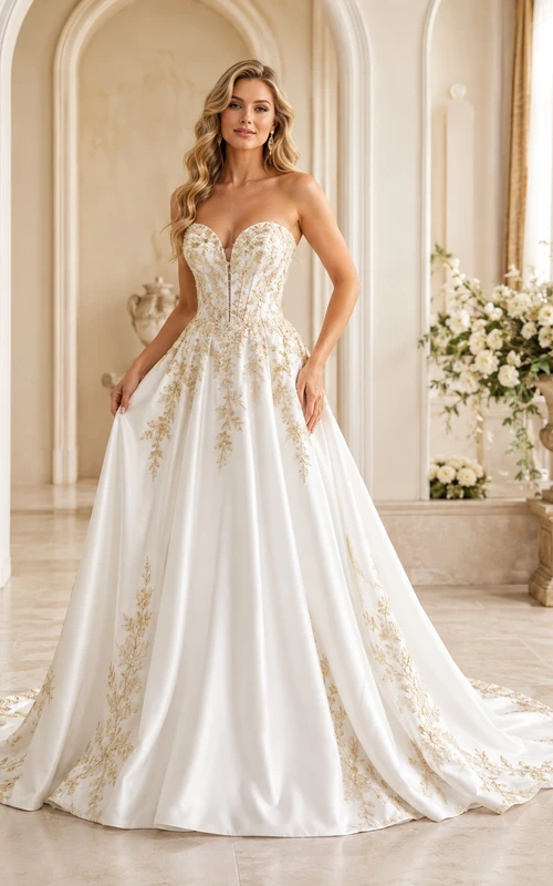Gold Filigree Bridal Ball Gown Sweetheart Sleeveless Chapel Train Romantic Elegant Gown