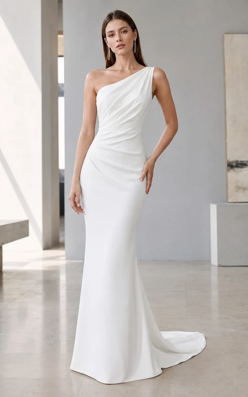 Robe de mariée sirène plissée en satin à une épaule, style court
