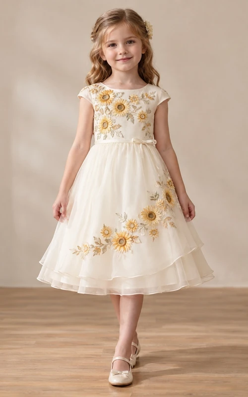 Tea-length Ivory Cap Sleeve Sunflower Floral Tiered Organza Flower Girl Dress
