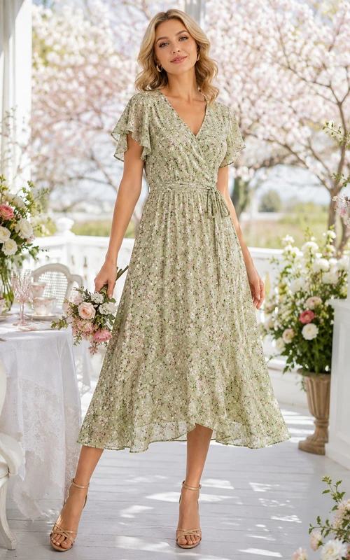 Robe de douche midi trapèze à col V et manches papillon, imprimé floral sauge
