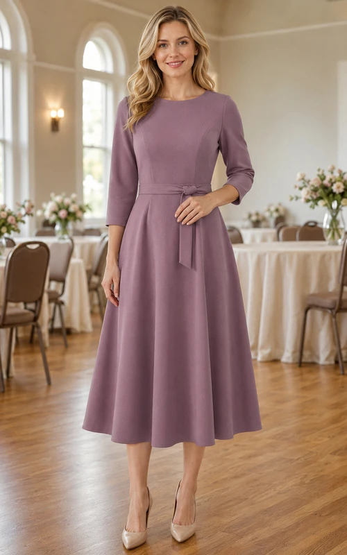 Mauve Three Quarter Sleeve Bateau Modest A Line Fellowship Midi Dress