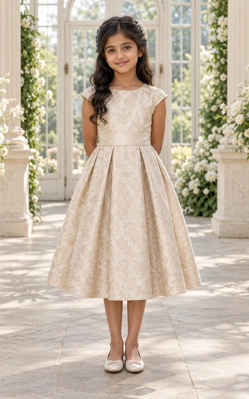 Tea-length Champagne Floral-textured A-line Cap-sleeve Pleated-skirt Bow-back Summer Flower Girl Dress