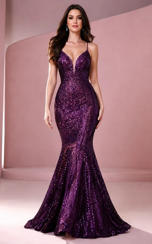 Purple Sequined Mermaid Plunging V-Neck Spaghetti Strap Sweep Train Prom Dress