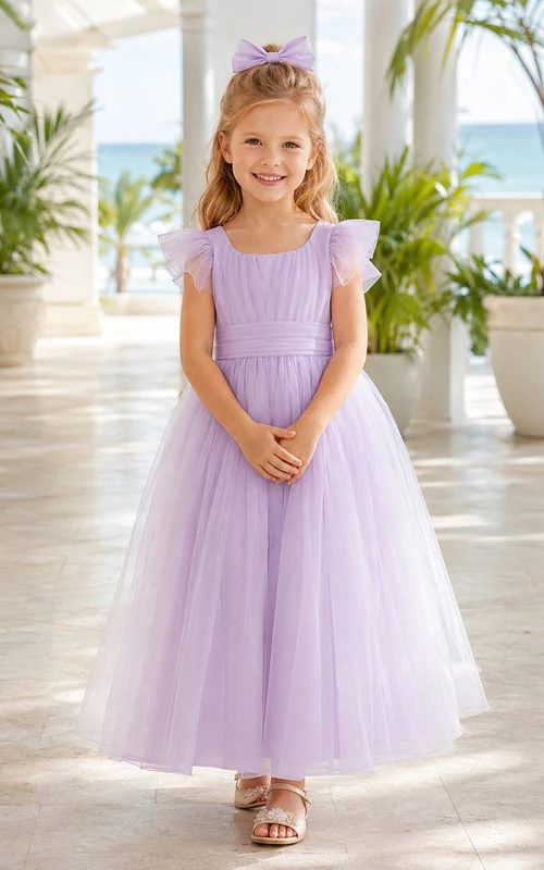 Blumenmädchenkleid aus lavendelfarbenem Chiffon und Tüll, A-Linie, Rundhalsausschnitt, Teelänge, mit Schärpendetails