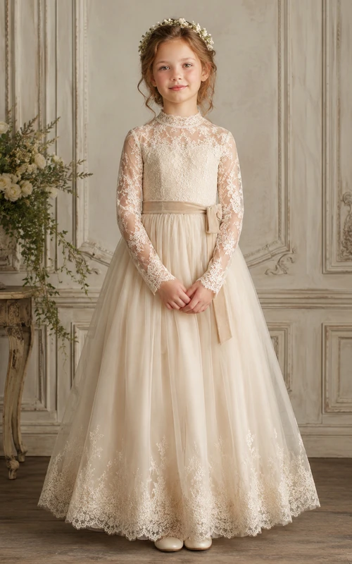 Langärmeliges A-Linien-Kleid aus Spitze und Tüll für Blumenmädchen mit Rundhalsausschnitt und bodenlangem Rock
