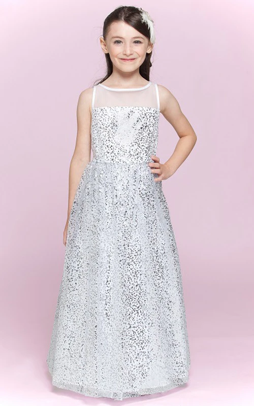 Vestido largo de lentejuelas con escote joya y corte en A para niña de las flores
