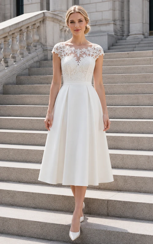 Vestido de novia midi de corte A con corpiño de encaje y efecto ilusión, estilo juzgado.