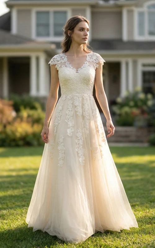 Traumhaftes A-Linien-Brautkleid mit kurzen Ärmeln – Brautkleid aus Illusionsspitze und mehrlagigem Tüll