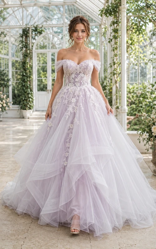 Lavendelfarbenes, mehrlagiges Tüll-Brautkleid mit schulterfreiem Ausschnitt, kurzen Ärmeln und Kathedralenschleppe