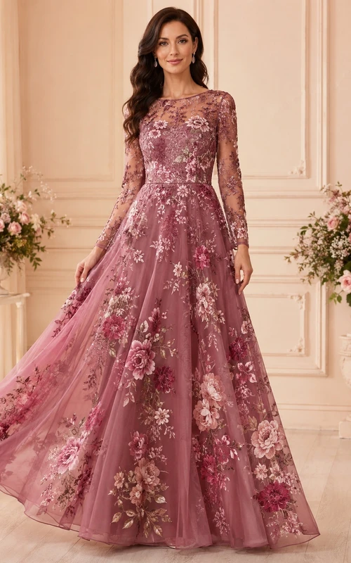 Dusty Rose Floral Jewel Neck Long Sleeve Tulle A-Line Floor-Length Gown