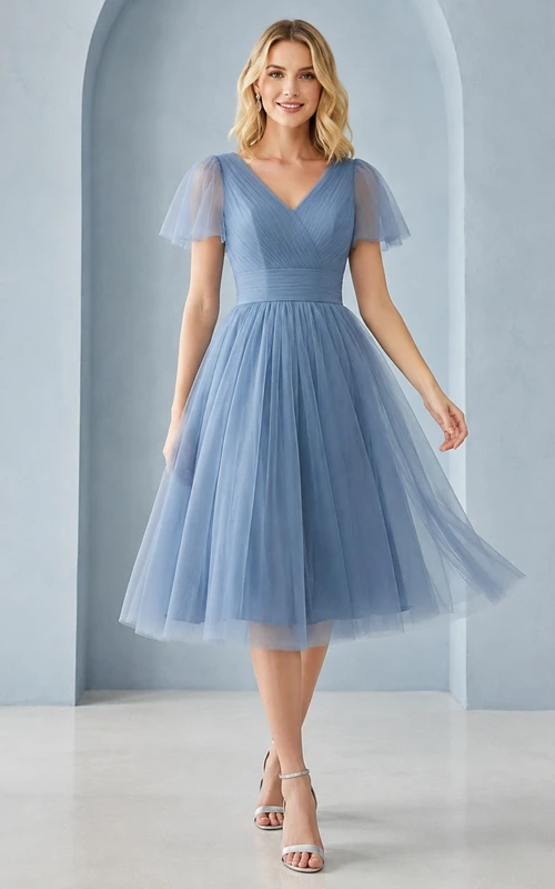 Robe romantique de jardin en tulle bleu ciel, col V, coupe trapèze, manches pétales, longueur thé