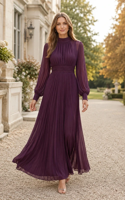 Plum High Neck Poet Sleeve Pleated Chiffon Floor Guest Dress