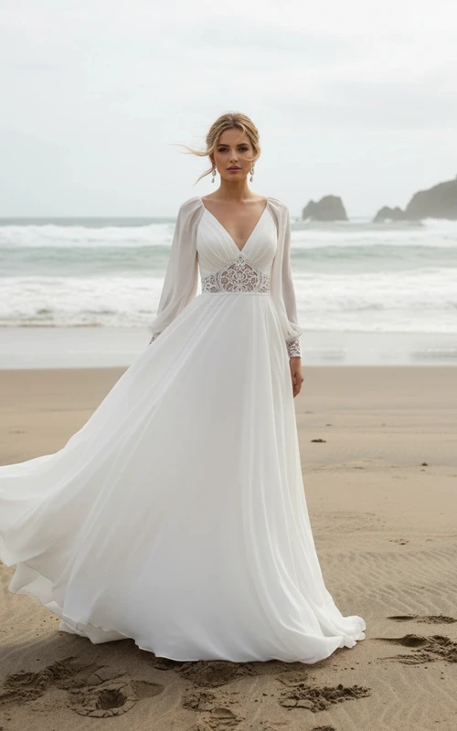 Long Sleeve V-Neck Chiffon Wedding Dress with Lace Waist and Bishop Sleeves