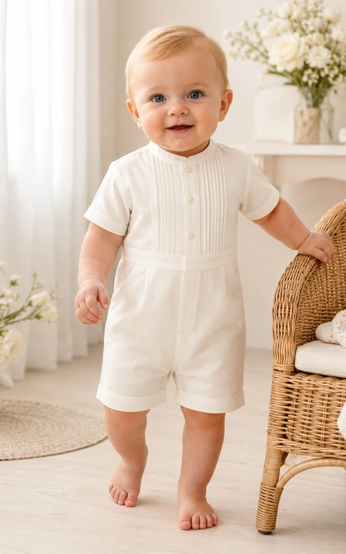 White Pinstripe Bib Peter Collar Short Sleeve Formal Romper for Baby Boy