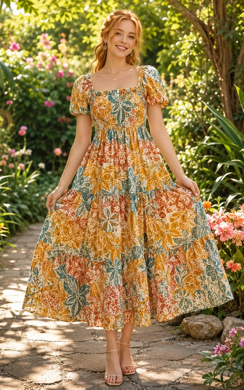 Vestido midi naranja con estampado batik tropical, cuello cuadrado y mangas abullonadas