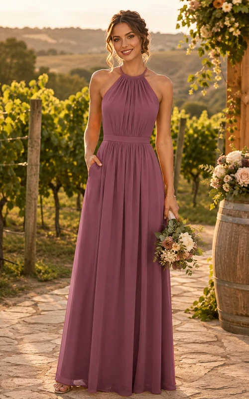 Vestido de dama de honor vintage de gasa color malva con escote halter y corte en A