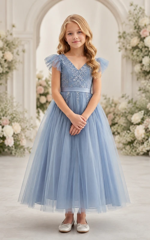 Vestido de niña de las flores, azul acero, encaje, tul, corte en A, mangas con volantes, escote en V, largo midi, detalle de lazo