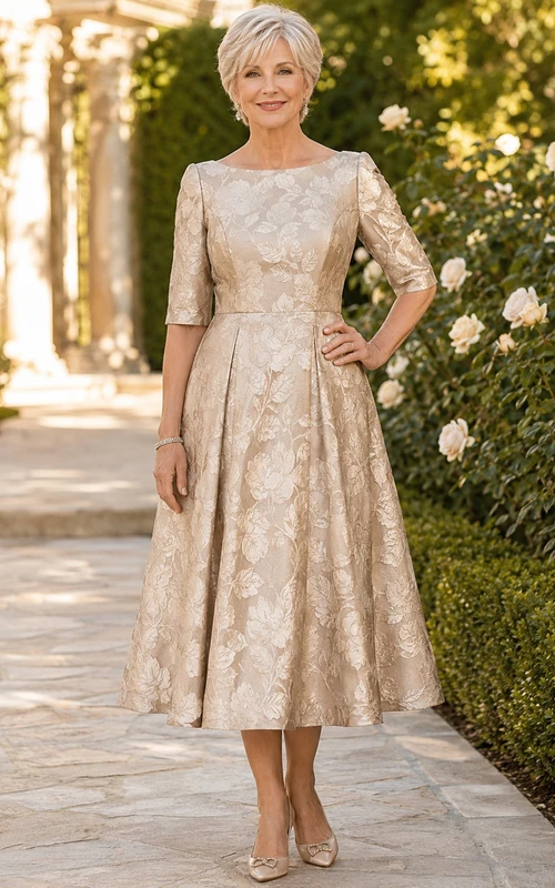 Vestido elegante formal de jacquard de manga corta y largo hasta la rodilla, color champán.